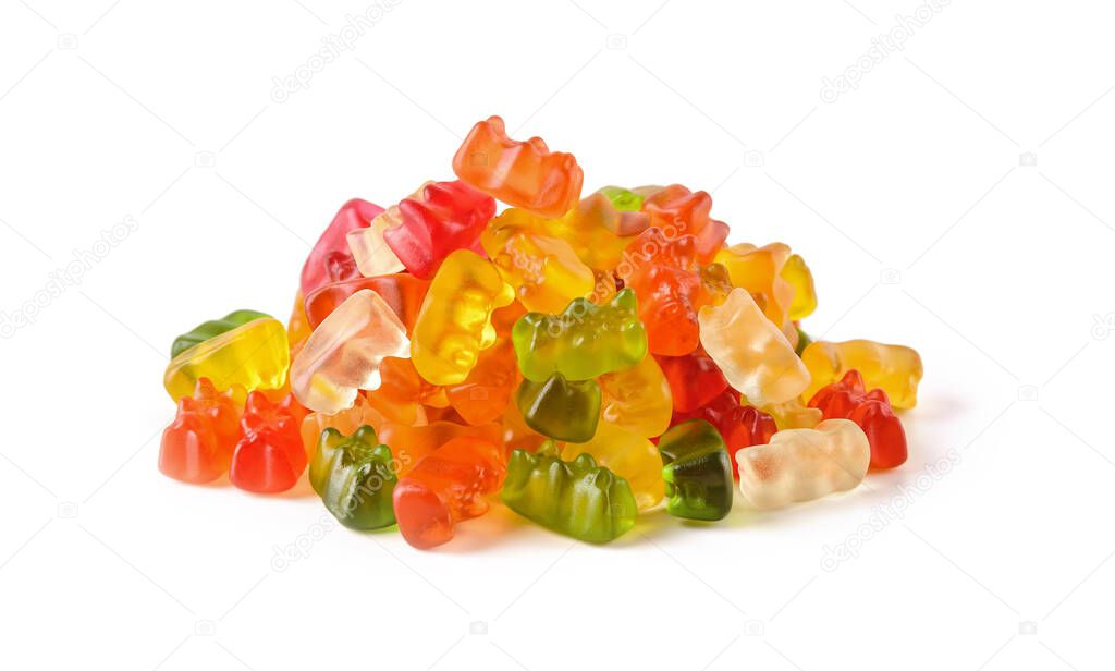 Pile of multicolored gummy bears candy isolated on white background. Jelly sweets of differenr colors. Popular gummies made from fruit juice, gelatin and sugar. Front view.