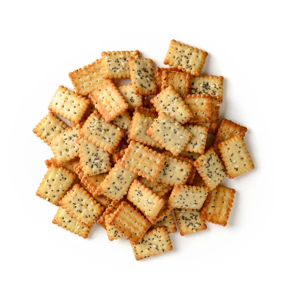 Pile Small Salty Rectangular Crackers Poppy Sesame Seeds Isolated White — Stock Photo, Image