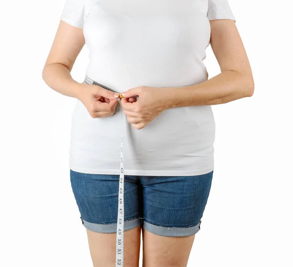 Caucasian Mature Adult Woman Begins Gain Weight Measures Her Waist — Stock Photo, Image