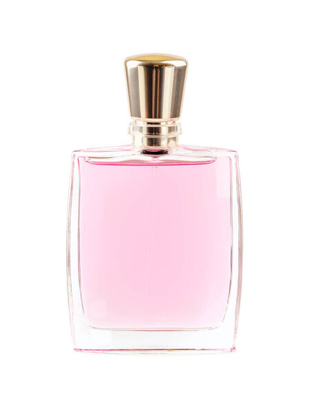 Духи или ароматизированные туалетной воды в прямоугольной прозрачной стеклянной бутылке с золотой крышкой изолированы на белом фоне. Вид спереди
.