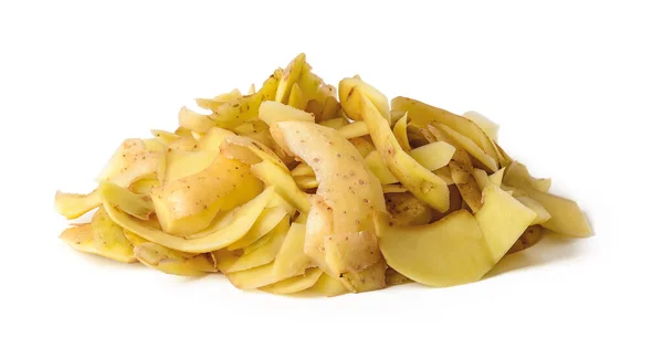 Haufen Frischer Gelber Kartoffelschalen Isoliert Auf Weißem Hintergrund Kochkartoffeln Hause — Stockfoto