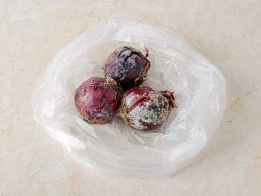 Mutfak masasının üstündeki plastik torbada üç adet çiğ kırmızı soğan üzerinde beyaz yeşil mantar küfü. Bozuk meyve ve sebze. Yanlış yiyecek depolama koşulları. Yakın plan..