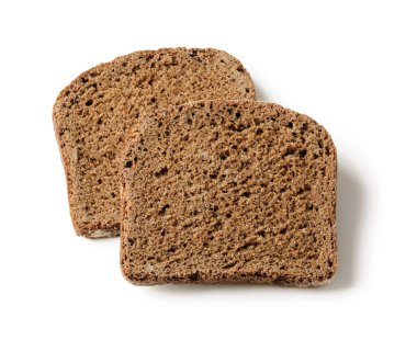 Beyaz arka planda izole edilmiş iki dikdörtgen taze çavdar ekmeği. Düşük kalorili tam tahıllı ekşi ekmek. Hamur pişirmek ve sağlıklı yemek. Üst görünüm.