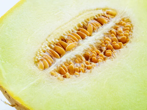 Mezza Melone Maturo Con Semi Primo Piano Polpa Verde Dolce — Foto Stock