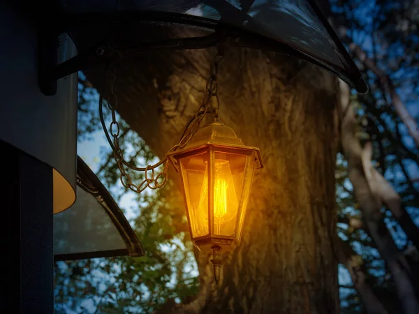 黄昏时分 复古风格的灯笼闪烁着温暖的黄光 古色古香的灯笼挂在公园或森林的屋顶下的链条上 回家的概念 — 图库照片