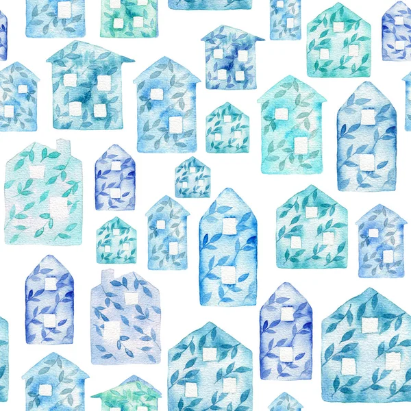Nahtloses Muster Mit Handgezeichneten Aquarellhäusern — Stockfoto
