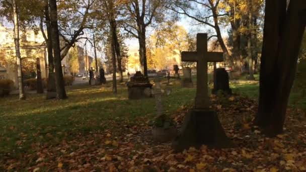 Gamla gravstenar i kyrkogård — Stockvideo