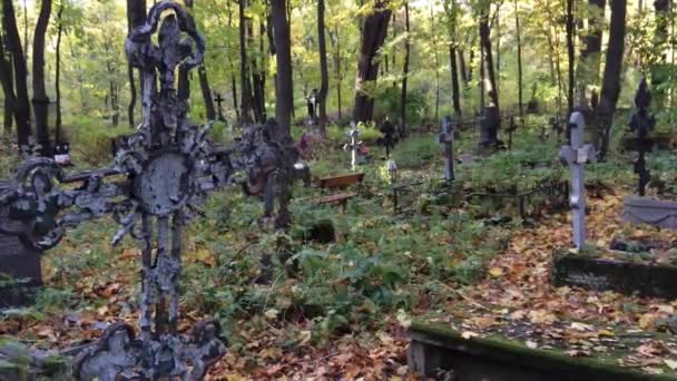 Gamla gravstenar i kyrkogård — Stockvideo