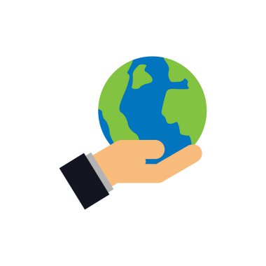 Dünya küre düz simgesi beyaz arka plan üzerinde vektör illüstrasyon izole tutan el