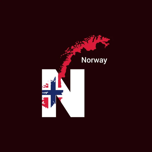 Norwegen Anfangsbuchstabe Land Mit Karte Und Flagge — Stockvektor