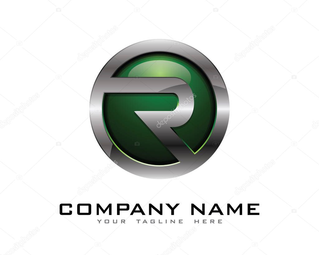 Letter r  3D Chrome Circle Logo Design Template