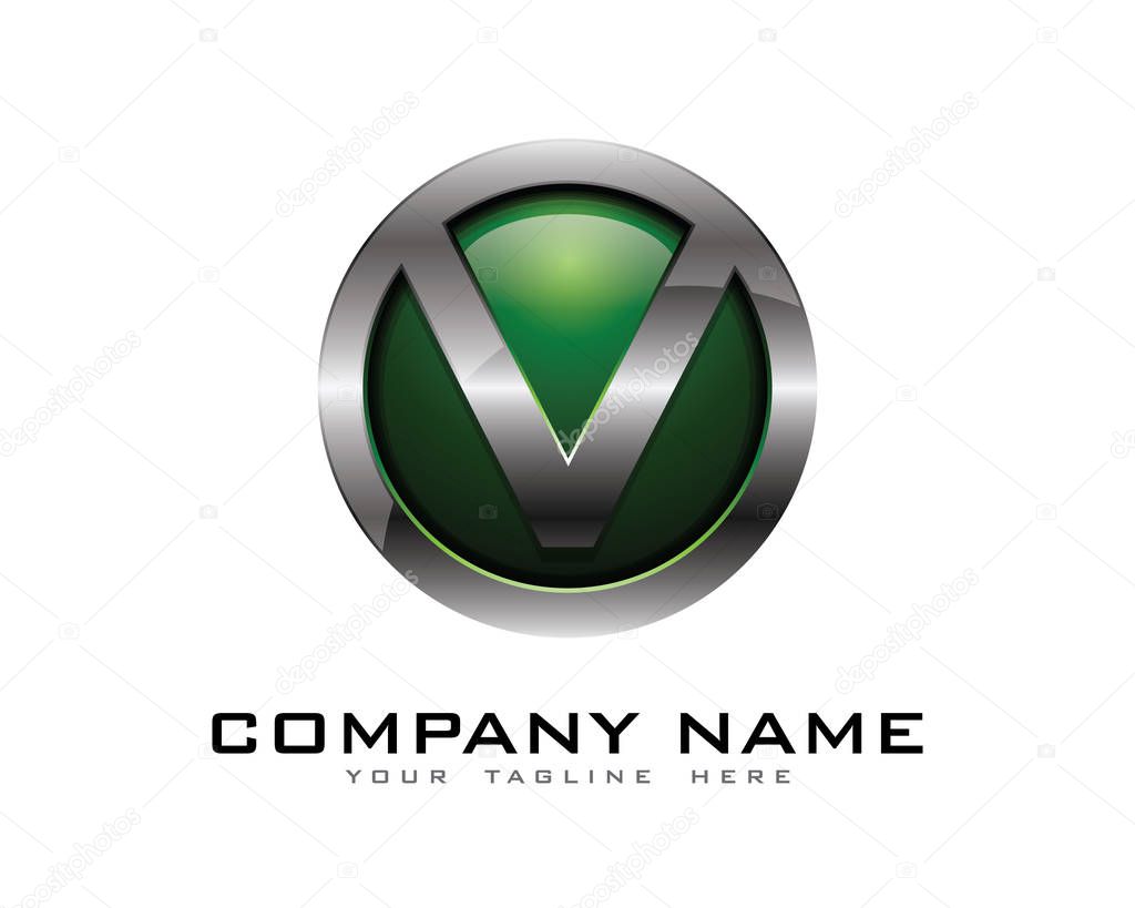 Letter v 3D Chrome Circle Logo Design Template