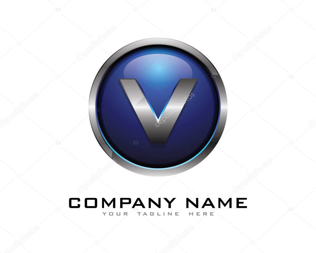Letter v 3D Chrome Circle Logo Design Template