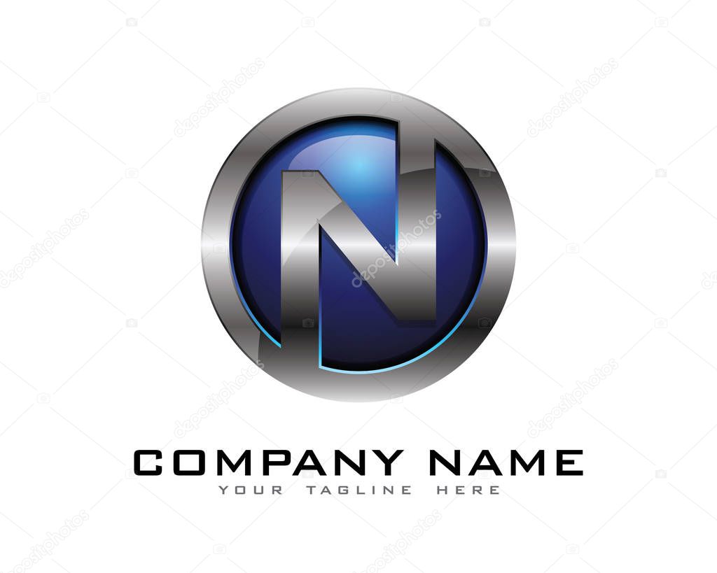 Letter n 3D Chrome Circle Logo Design Template