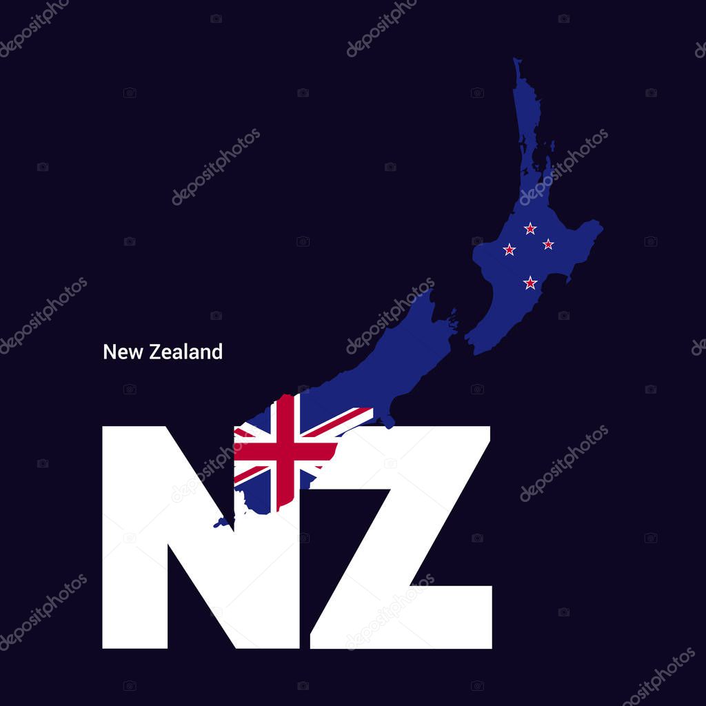 New Zealand Initial Letter Country With Map And Flag