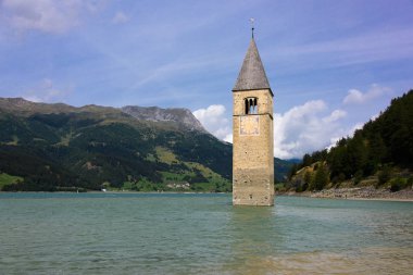 Çan Kulesi, kilise, Curon Venosta, Reschensee, ortam, South Tyrol belirir