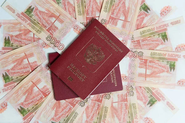 Passaporte e dinheiro. passaporte biométrico e duas notas para uma viagem sem visto de cem dólares — Fotografia de Stock