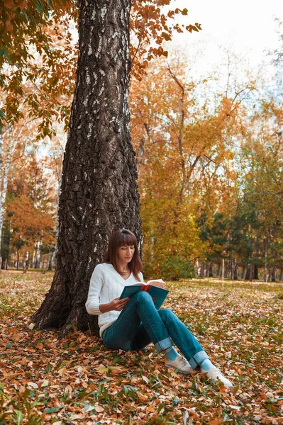 Piękna młoda brunetka siedzi na fallen jesieni liści w parku, czytanie książki — Zdjęcie stockowe