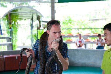 Adam ve yılan. Kobra yılan gösterisi ile adam.