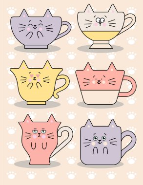 Komik bardak kedi yüzü açık pembe renkli vektör görüntü