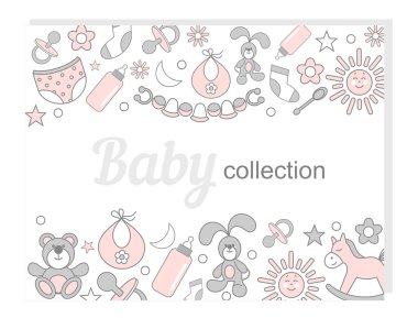 Beyaz arka plan vektör öğelerinde pembe ve gri bebek kartıyla
