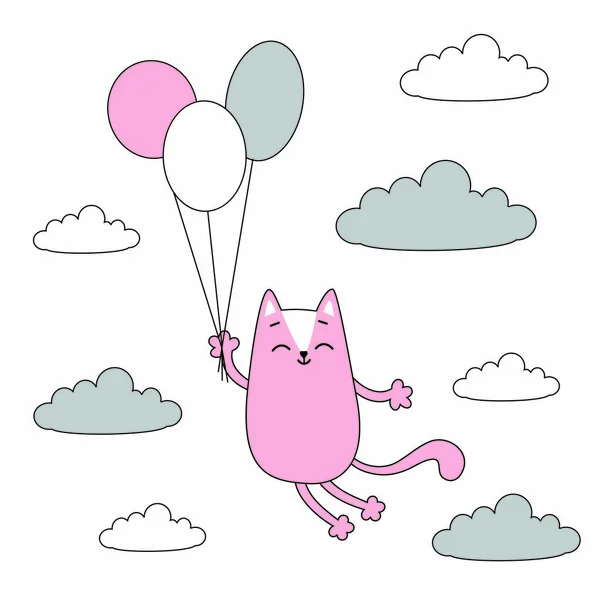 Happy Γάτα Που Πετούν Στα Σύννεφα Μπαλόνια — Διανυσματικό Αρχείο