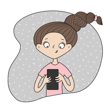 Gri arka plan üzerinde telefon ile esmer kız 