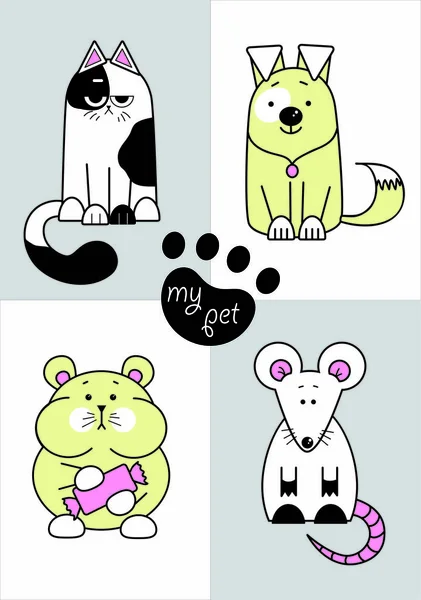 Çok güzel benim pets. Kedi, köpek, fare, humster. Vektör görüntü