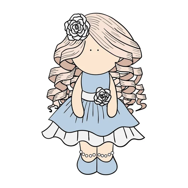 迷人的娃娃在一个微妙的蓝色礼服 在她的头发玫瑰 矢量图像 — 图库矢量图片