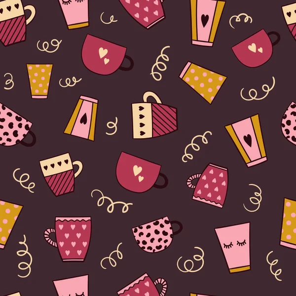Seamless vector pattern with coffee cups.On brown background with yelliw and pink colors.