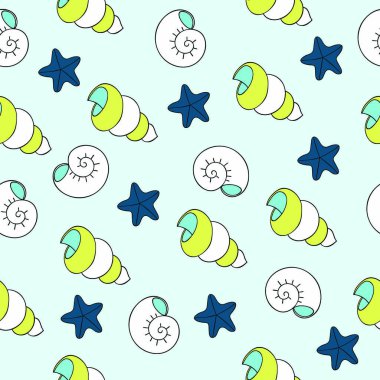 Deniz kabuklarını ve denizyıldızı üzerinde mavi arka plan ile Seamless Modeli