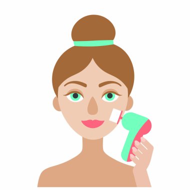 Esmer kız bir elektrikli fırça ile yüzünü temizler. Yüz. Temizlik ve peeling. Düz vektör.