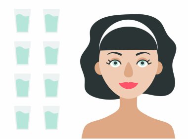 Kısa saçlı ve beyaz kenarlı esmer. Sağlıklı cilt ve saç için sekiz bardak su. Beyaz arka planda vektör düz