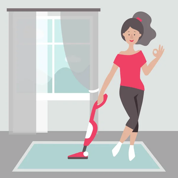 Girl Red Shirt Black Breeches Vacuum Cleaner Living Room Window — Stock Vector