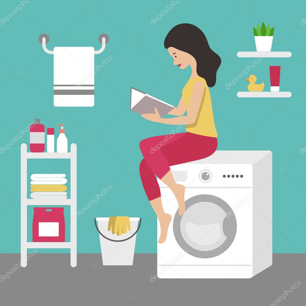 Brunette Housewife Sitting On The Washing Machine And Reading A Book The Interior Of The Bathroom Blue Walls On The Shelf Is Washing Powder Towels Bottles Plant Duck And Cream Flat Vector