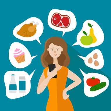 Kız yiyecek online alışveriş. Ev hanımı elinde bir telefon tutuyor. Etrafında yiyecek görüntüler. Sebze, meyve, süt, yumurta, kek, tavuk ve et. Düz vektör