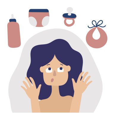 Mavi saçlı kadının kafası karışık. Bebek malzemelerini düşünüyorum. Şişe, meme ucu, bebek bezi, önlük. Beyaz arka planda düz vektör