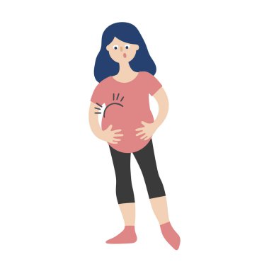 Pembe kazak ve siyah tozluk giymiş hamile bir kadın. Midesindeki bebek onu itiyor. Sürpriz. Beyaz arka planda düz vektör