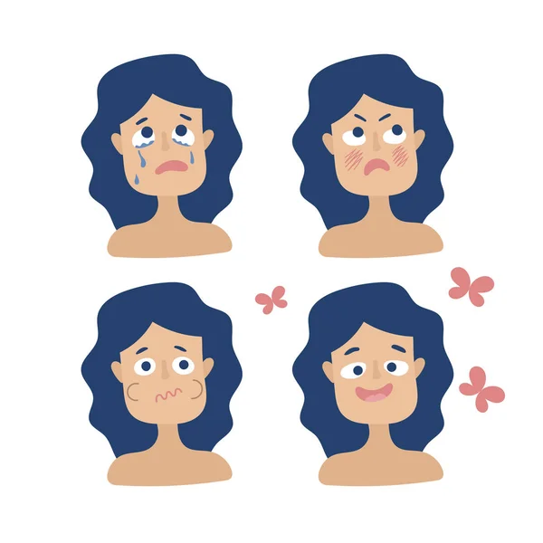 Different emotions of a pregnant woman. Anger, sadness, disgust, joy. Hormones. Mood swings. Flat vector on white background