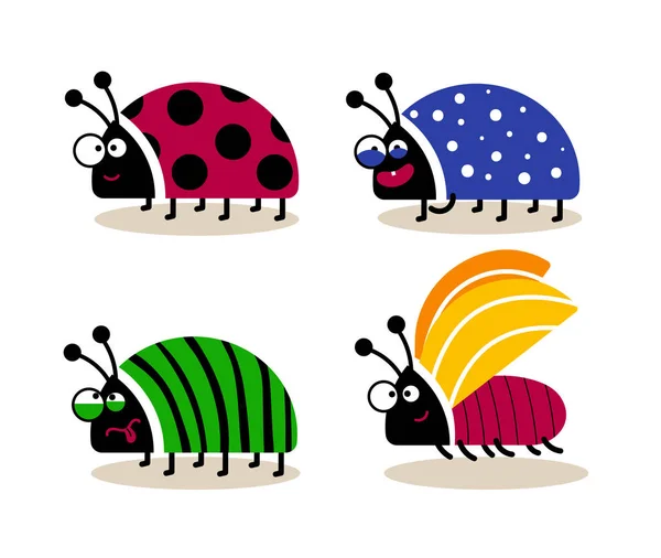 Set Von Vier Niedlichen Lustigen Käfern Zeichentrickinsekten Mit Unterschiedlichen Emotionen — Stockvektor
