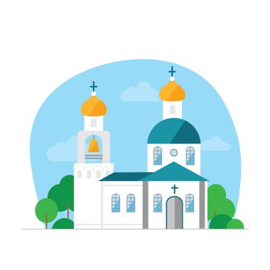 Kubbeli ve haçlı Hıristiyan Kilisesi. Mavi gökyüzüne ve bulutlara karşı. Yakınlarda ağaçlar ve çalılar vardır. Beyaz arka planda düz vektör.