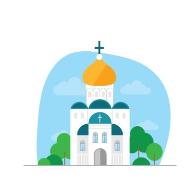 Kubbeli ve haçlı Hıristiyan Kilisesi. Mavi gökyüzüne ve bulutlara karşı. Yakınlarda ağaçlar ve çalılar vardır. Beyaz arka planda düz vektör.