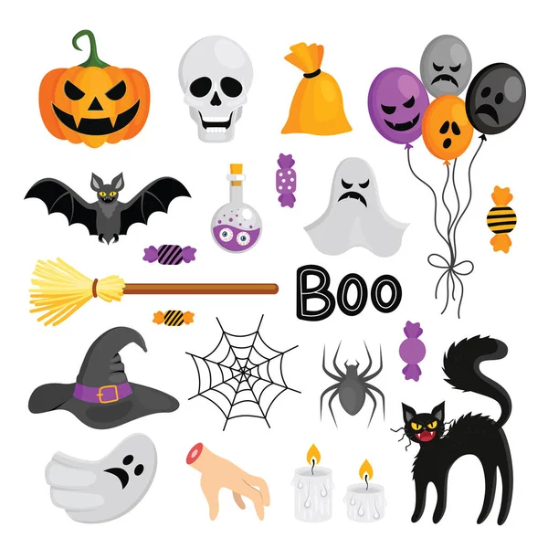 Conjunto Elementos Vectoriales Para Halloween Calabaza Escoba Poción Con Ojos — Vector de stock