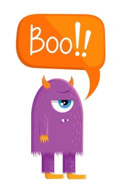 Tek gözlü mor tüylü canavar. Üstünde turuncu bir dipnotta Boo yazıtı var. Cadılar Bayramı kartı. Beyaz arka planda vektör görüntüsü