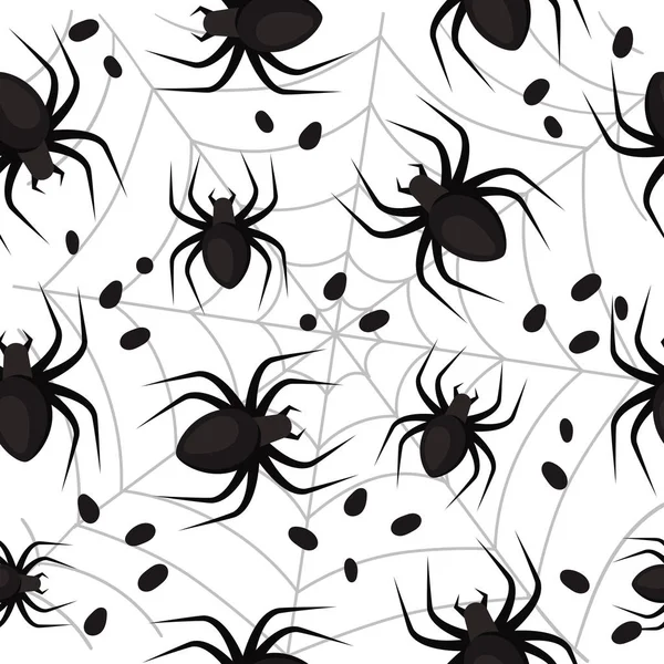 Modello senza cuciture di Halloween. Ragni neri su sfondo bianco. Illustrazione vettoriale — Vettoriale Stock