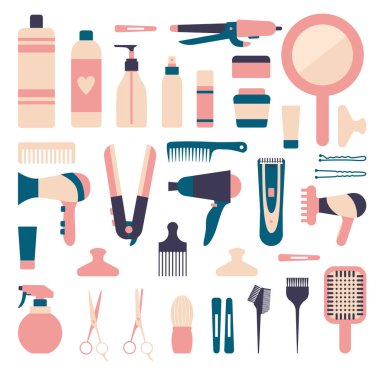 Kuaförlük için bir dizi element. Beyaz arka planda farklı araçlar ve saç ürünleri. Vektör görüntüsü