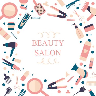 Kuaför salonu için vektör kartı. Beyaz arka plan üzerinde saç aletleri ve elemanları