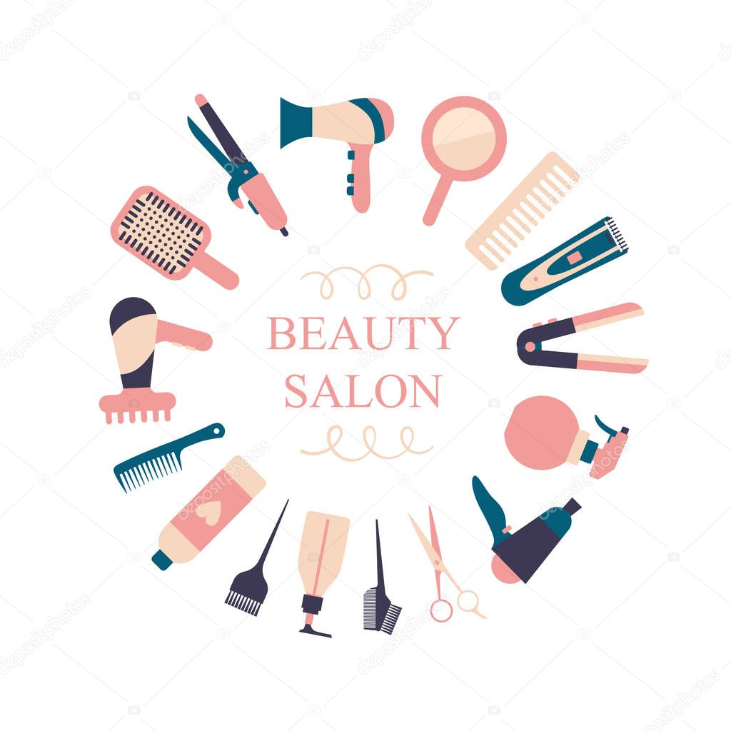 Vector card for hair salon. Hair instruments and elements on white background