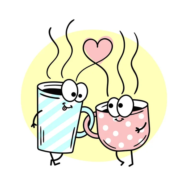 Eine Tasse Kaffee und Tee gehen und Händchen halten. Vektorbild auf weißem Hintergrund — Stockvektor