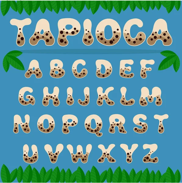 Tapioková abeceda. Béžová písmena s hnědými kuličkami. Vektor na modrém pozadí — Stockový vektor